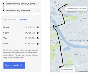 Примерная стоимость поездки на uber от ЖД вокзала «Варшава-Восточная» до Олинека