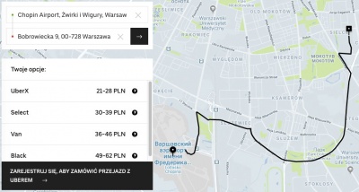 Примерная стоимость поездки на uber от Варшавского аэропорта Chopin до Олинека