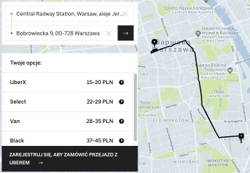 Примерная стоимость поездки на uber от ЖД вокзала «Варшава-Центральная» до Олинека